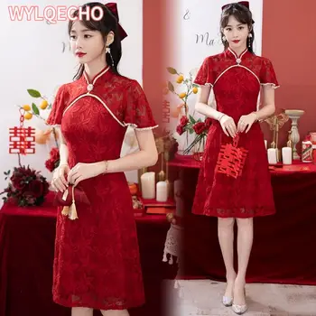 Булчински сватбен банкет Cheongsam китайски традиционен червен Qipao къс ръкав дантела рокля за жени облекло