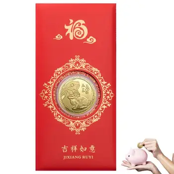 Китайски парични пликове Китайска Нова година Червени пликове 2023 Заек с възпоменателна монета Късметлийски пари пакети за зайче нов