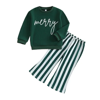 Kids Boys Girls Fall Clothes Pants Set Christmas Letter Print Sweatshirt Top Elastic Waist Striped Pants 2Pcs