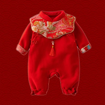 2023NEW Новородено бебе китайски традиционен гащеризон за бебе флорални ханфу червени тан костюм рожден ден гащеризон китайски новогодишни екипировки