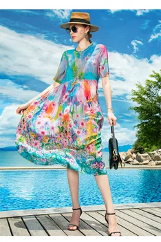 Дамска бохо принт флорална копринена Midi рокля 2022 Корейска версия Ретро Ежедневна парти рокля Пролет Лято Нова светлина Елегантен плаж слънце