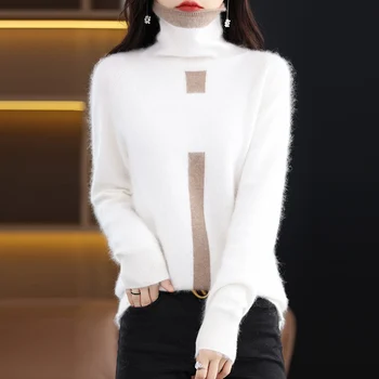 РОНГНИ 2023 Есен и зима Нов дамски пуловер 100% норка кашмир високо врата трикотажни пуловер корейска мода меки дамски топ