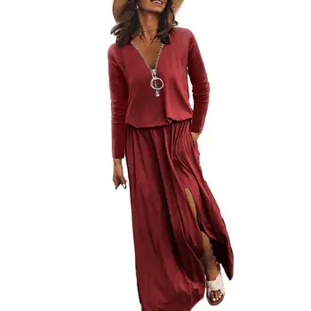 Есенни дълги рокли с дълъг ръкав за жени 2023 Ежедневни V-образно деколте Сплит подгъв роба Femme мода плътен цвят рокля vestidos para mujer