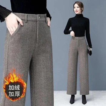 Office Lady Fashion Thicken Woolen Wide Leg Pants Autumn Winter High Waist Solid All-match Loose Women Casual Straight Trousers