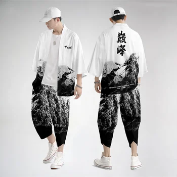 Японско традиционно облекло Връх отпечатани кимоно панталони Мъже Ретро Юката Азиатска мода Tang костюм Harajuku Hanfu Yukata яке